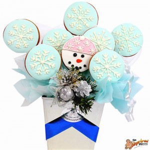 Cookie bouquet snowman and snowflakes
